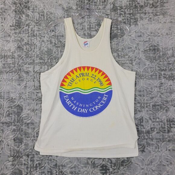 Vintage Earth Day Concert Shirt Men's Large White Tank Top 1990 90's Distressed - Picture 1 of 11